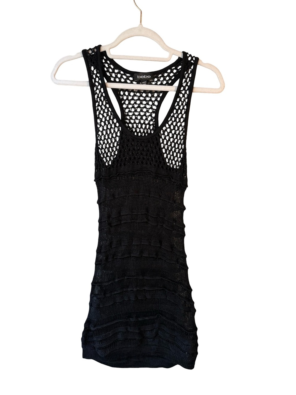 bebe Black Open-Knit Crochet Mini Tank Dress Cover Up Size S Y2K Boho Beach